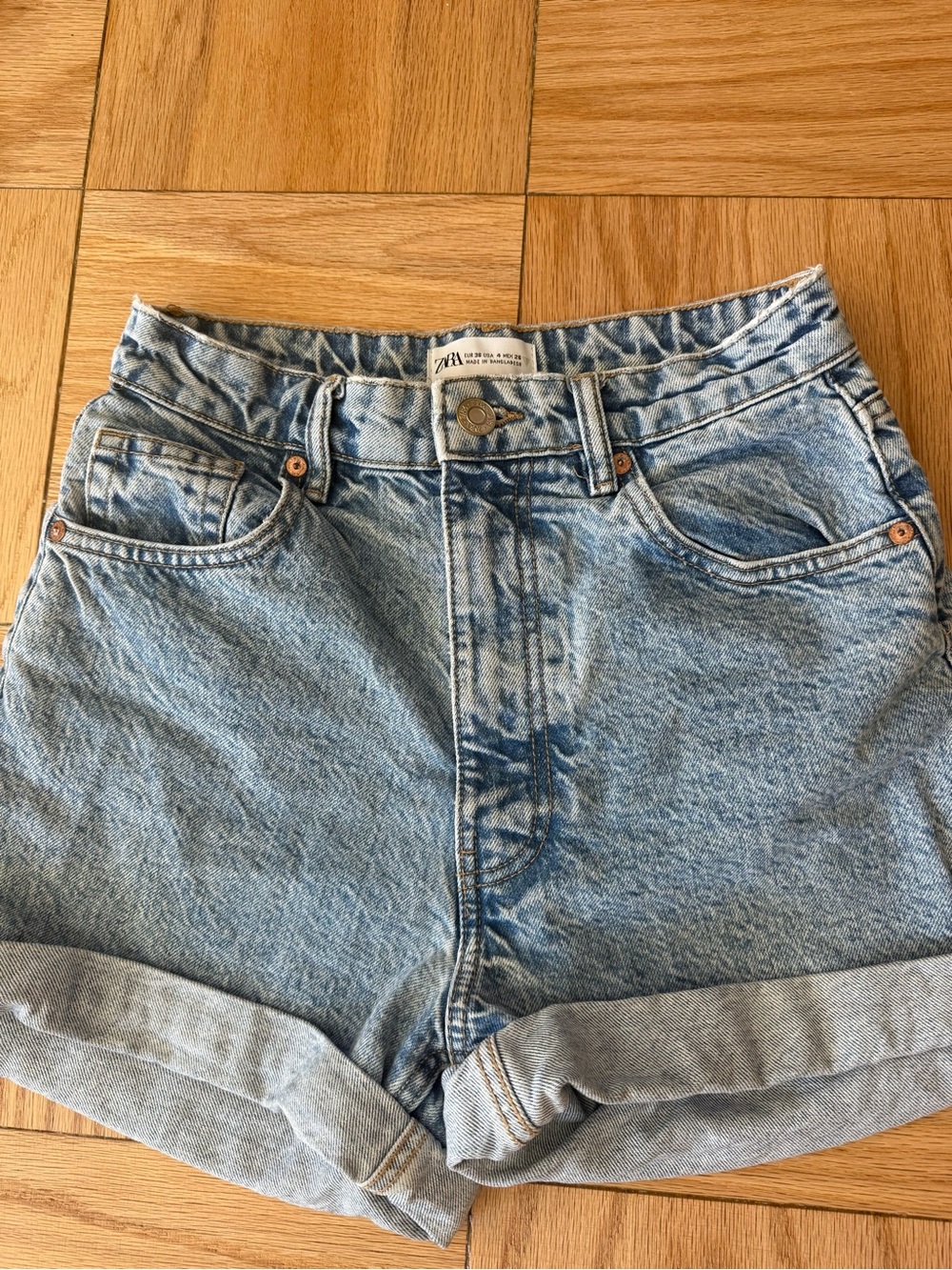 Zara Light Blue Denim High-Waist Rolled Hem Women's Shorts